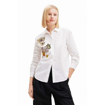 Desigual camasa din bumbac femei, culoarea alb, cu guler clasic, regular