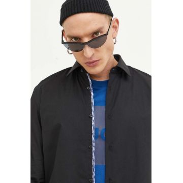 HUGO camasa din bumbac barbati, culoarea negru, cu guler italian, slim