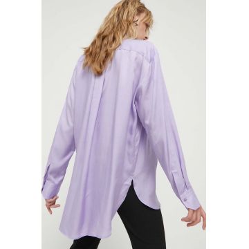 HUGO camasa femei, culoarea violet, cu guler clasic, relaxed