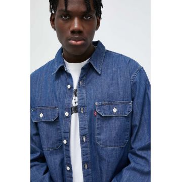 Levi's camasa jeans barbati, culoarea albastru marin, cu guler clasic, relaxed