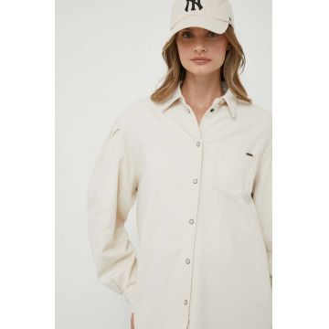 Pepe Jeans camasa jeans Kiara femei, culoarea bej, cu guler clasic, relaxed