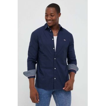 Tommy Jeans camasa din bumbac barbati, culoarea albastru marin, cu guler clasic, regular