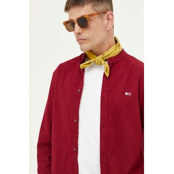 Tommy Jeans camasa din bumbac barbati, culoarea bordo, cu guler stand-up, regular