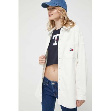 Tommy Jeans camasa din velur culoarea bej, cu guler clasic, relaxed