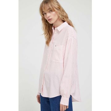 Tommy Jeans camasa femei, culoarea roz, cu guler clasic, relaxed Tommy Jeans camasa femei, culoarea roz, cu guler clasic, relaxed