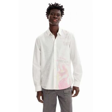 Desigual camasa din bumbac barbati, culoarea alb, cu guler clasic, regular