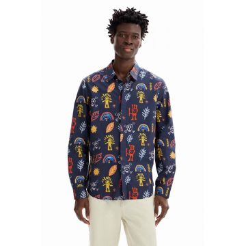 Desigual camasa din bumbac barbati, culoarea albastru marin, cu guler clasic, regular