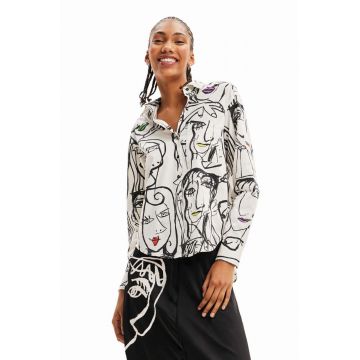 Desigual camasa din bumbac femei, culoarea alb, cu guler clasic, regular
