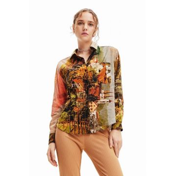 Desigual camasa din bumbac femei, culoarea portocaliu, cu guler clasic, regular