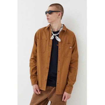 Dickies camasa din bumbac barbati, culoarea maro, cu guler clasic, regular