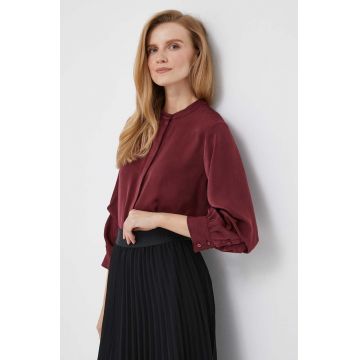 Dkny camasa femei, culoarea bordo, cu guler stand-up, relaxed