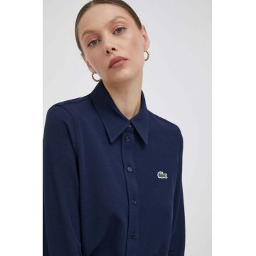 Lacoste camasa din bumbac femei, culoarea albastru marin, cu guler clasic, regular