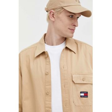 Tommy Jeans camasa din bumbac barbati, culoarea bej, cu guler clasic, relaxed