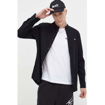 Tommy Jeans camasa din bumbac barbati, culoarea negru, cu guler stand-up, regular