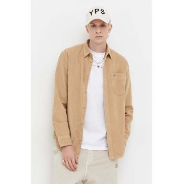 Tommy Jeans camasa din velur culoarea bej, cu guler clasic, regular