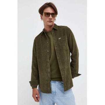 Tommy Jeans camasa din velur culoarea verde, cu guler clasic, regular