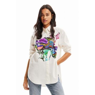 Desigual camasa femei, culoarea alb, cu guler clasic, relaxed