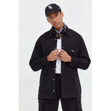 GCDS camasa din bumbac barbati, culoarea negru, cu guler clasic, relaxed