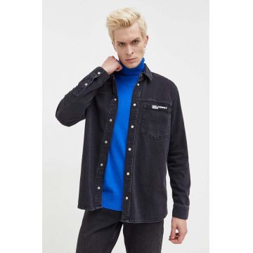 Karl Lagerfeld Jeans camasa jeans barbati, culoarea negru, cu guler clasic, relaxed