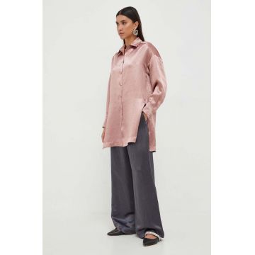 Max Mara Leisure camasa femei, culoarea roz, cu guler clasic, relaxed