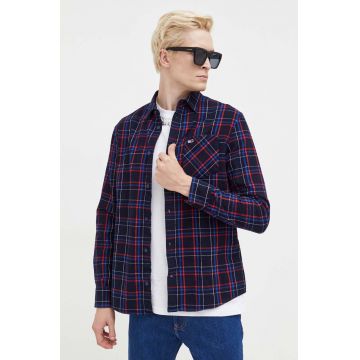 Tommy Jeans camasa din bumbac barbati, culoarea albastru marin, cu guler clasic, regular