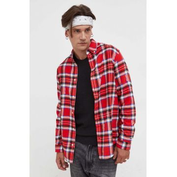 Tommy Jeans camasa din bumbac barbati, culoarea rosu, cu guler button-down, relaxed