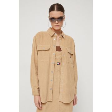 Tommy Jeans camasa din bumbac femei, culoarea bej, cu guler clasic, regular