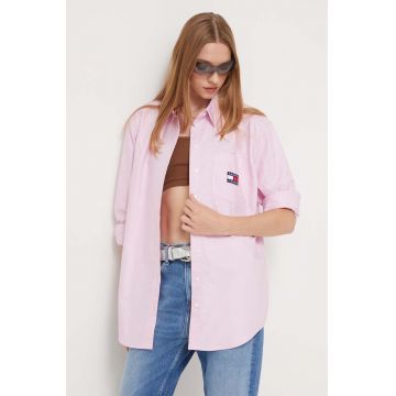 Tommy Jeans camasa din bumbac femei, culoarea roz, cu guler clasic, relaxed