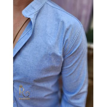 Cămașă bleu texturat de bărbați, guler tunica - CR94