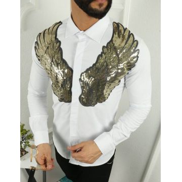 Cămașă de bărbați, Slim Fit, Alba cu strasuri - CM461