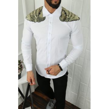Cămașă de bărbați, Slim Fit, Alba cu strasuri pe umeri - CM463