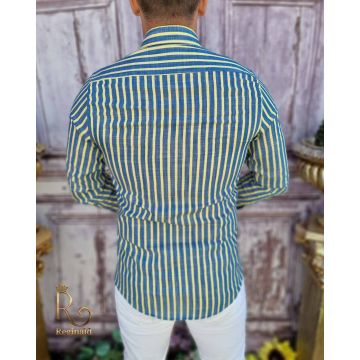 Cămașă de bărbați, Slim Fit, bleumarin cu dungi galbene - CR42