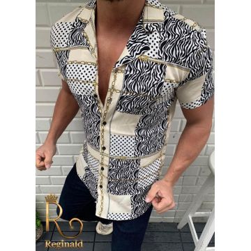 Cămașă de bărbați, Slim Fit, Crem cu model si mânecă scurta - CM344 Cămașă de bărbați, Slim Fit, Crem cu model si mânecă scurta - CM344