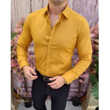 Cămașă galben mustar de bărbați, Slim Fit, cu nasturi- CR128