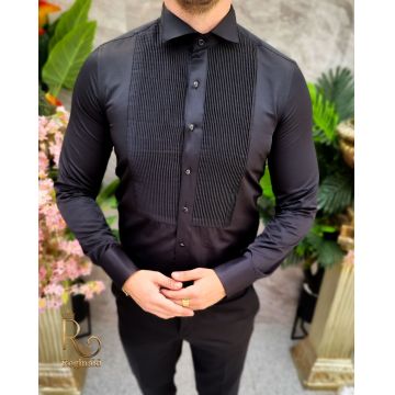 Cămașă neagra de bărbați de ceremonie cu butoni, guler de papion - CR131