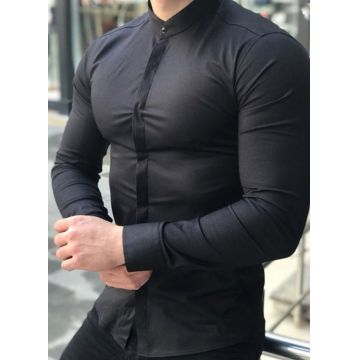 Cămașă neagra de bărbați, Slim Fit, Guler tunica - CM260