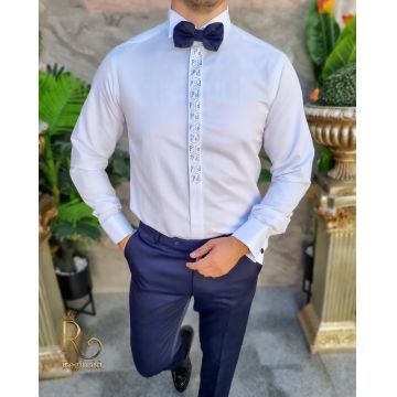 Camasa alba slim-fit, de ceremonie cu butoni, pentru papion, ginere/nas - CM281