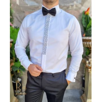 Camasa alba slim-fit, de ceremonie, pentru papion, cu butoni, ginere/nas - CM286