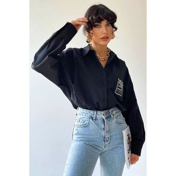 Camasa dama oversize Easy, cu croi clasic si emblema, Negru