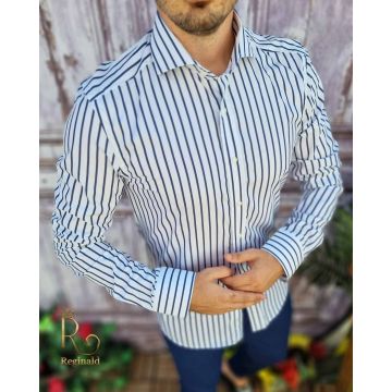 Camasa de barbati, Slim Fit, Alba cu dungi gri - CM478