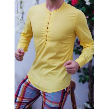 Camasa de barbati, Slim Fit, Galbena, fara guler, cu nasturi - CM200
