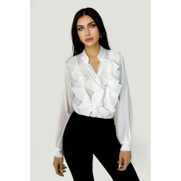 Camasa eleganta Dariana, cu textura vaporoasa, maneca lunga si volane maxi cu aspect plisat, Alb, Marime universala S/M/L