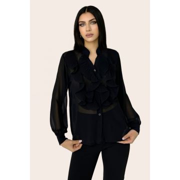 Camasa eleganta Dariana, cu textura vaporoasa, maneca lunga si volane maxi cu aspect plisat, Negru, Marime universala S/M/L
