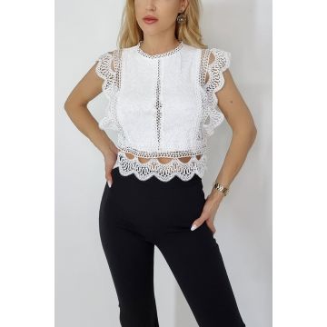 Camasa fara maneca Ryna din dantela, Alb, Marime S/M