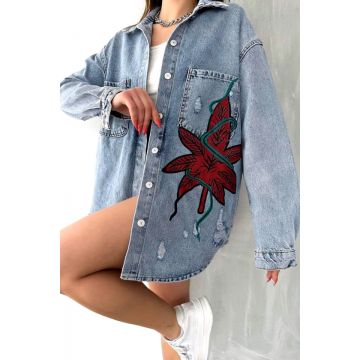 Camasa lunga din denim, Sahar, cu perforatii, Abyss, Albastru deschis