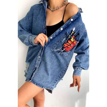 Camasa lunga din denim, Sahar, cu perforatii, Butterfly, Albastru inchis