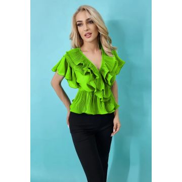 Camasa Sasha, cu volane si maneca scurta, Verde deschis, Marime universala S/M