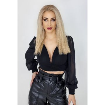Top scurt Katarina, cu maneci bufante, Negru, Marime universala S/M