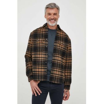 BOSS camasa de lana culoarea bej, cu guler clasic, relaxed