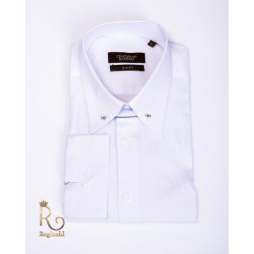 Cămașă de bărbați, Slim Fit, Alba cu nasturi la vedere si accesoriu - CR35